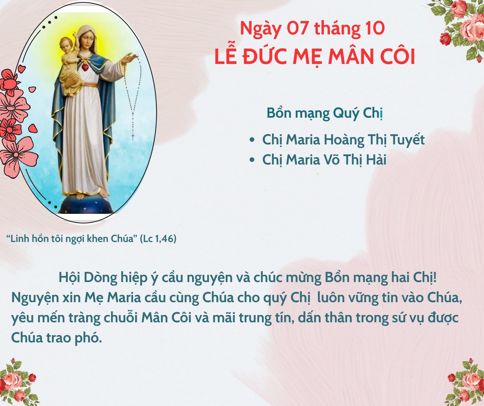 Mừng Lễ Đức Mẹ Mân Côi – Bổn Mạng Quý Chị Em