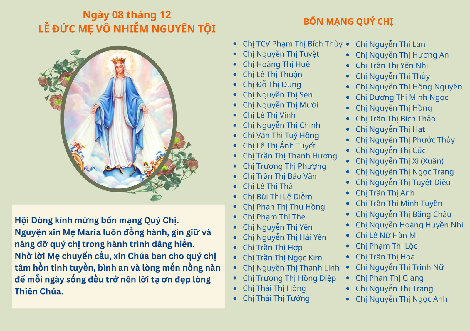 Mừng Lễ Đức Mẹ Vô Nhiễm Nguyên Tội (8/12) – Bổn Mạng Quý Chị Em